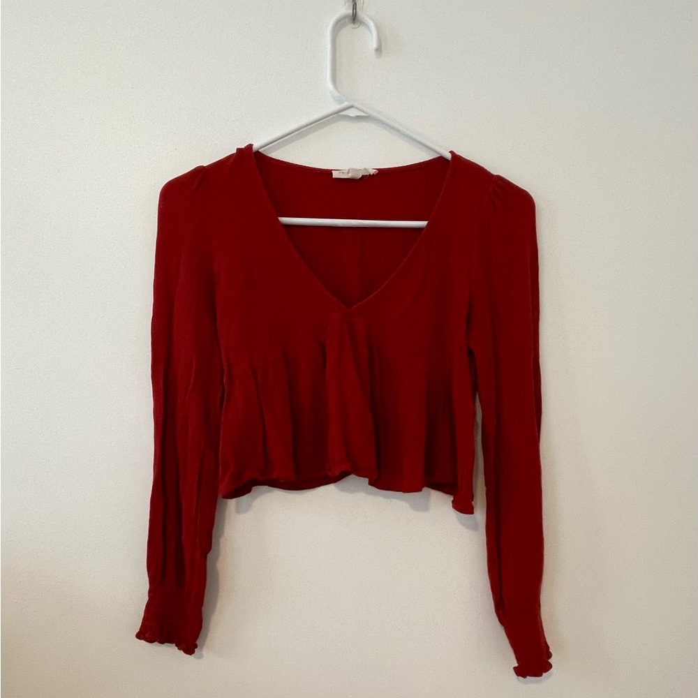 PacSun, La Hearts, cropped red long sleeve shirt, size extra small.